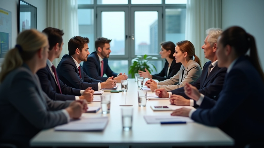 Groupe diversifié en discussion autour d'une table, représentant le dialogue sur les politiques démographiques