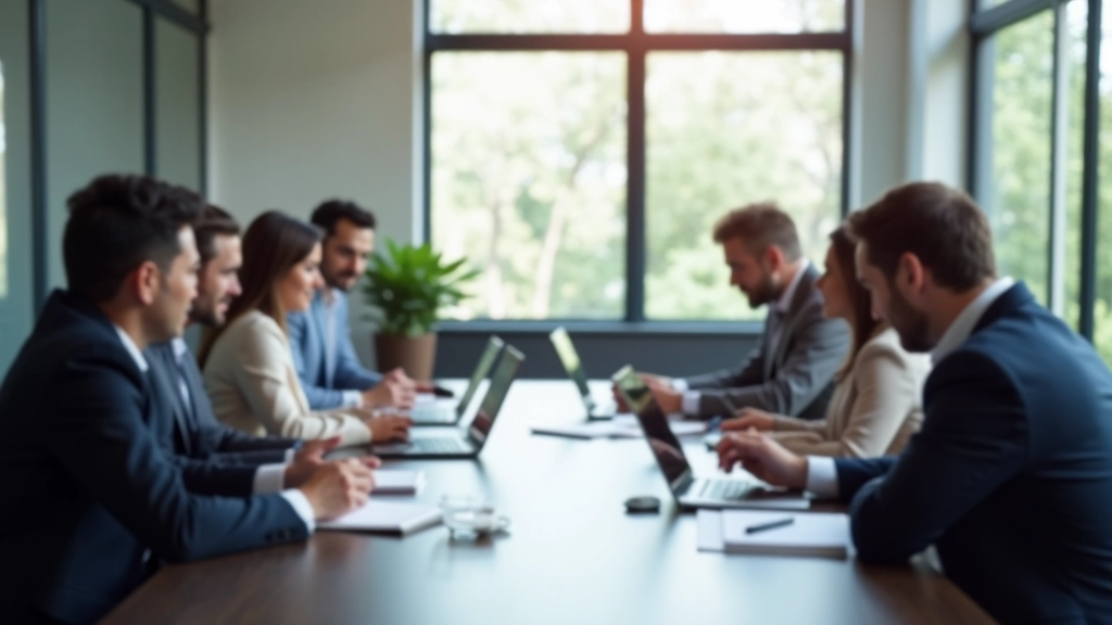 Équipe diverse en réunion autour d'une table de conférence, documents et ordinateurs portables, environnement professionnel moderne