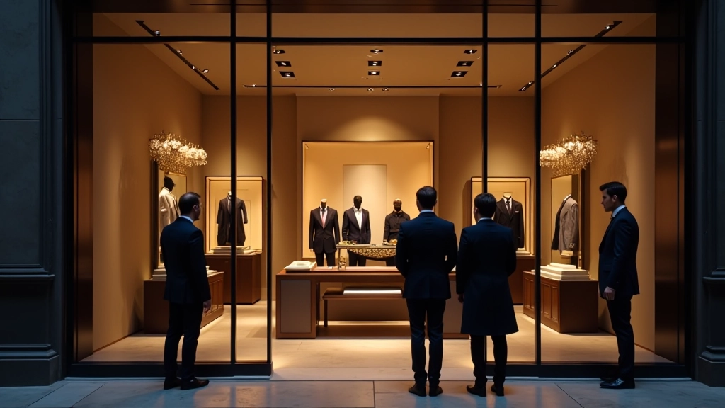 Boutique de luxe avec vitrine élégante et clients âgés consultant les produits haut de gamme