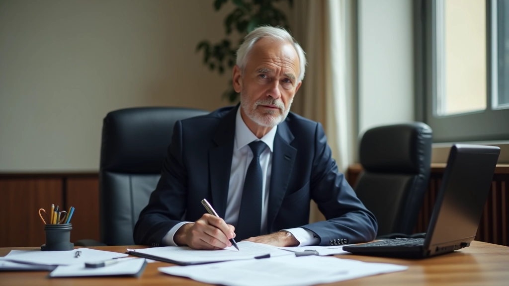 Ministre des finances étudiant des documents budgétaires sur un bureau