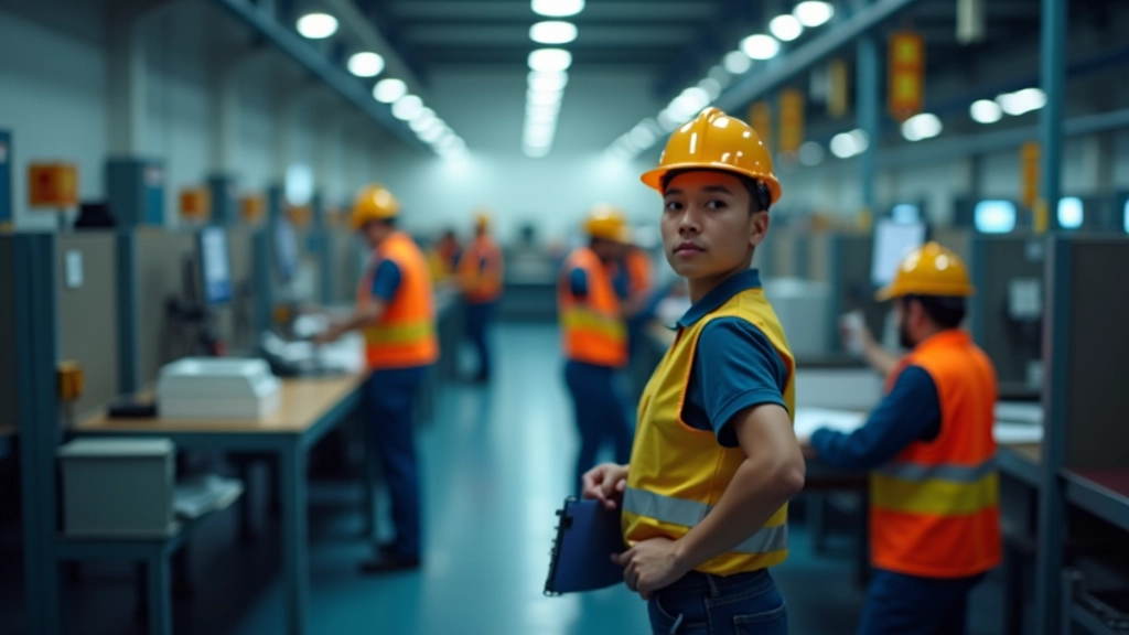 Zone industrielle française avec usine moderne, ouvriers en tenue de travail dans un atelier, lumière naturelle