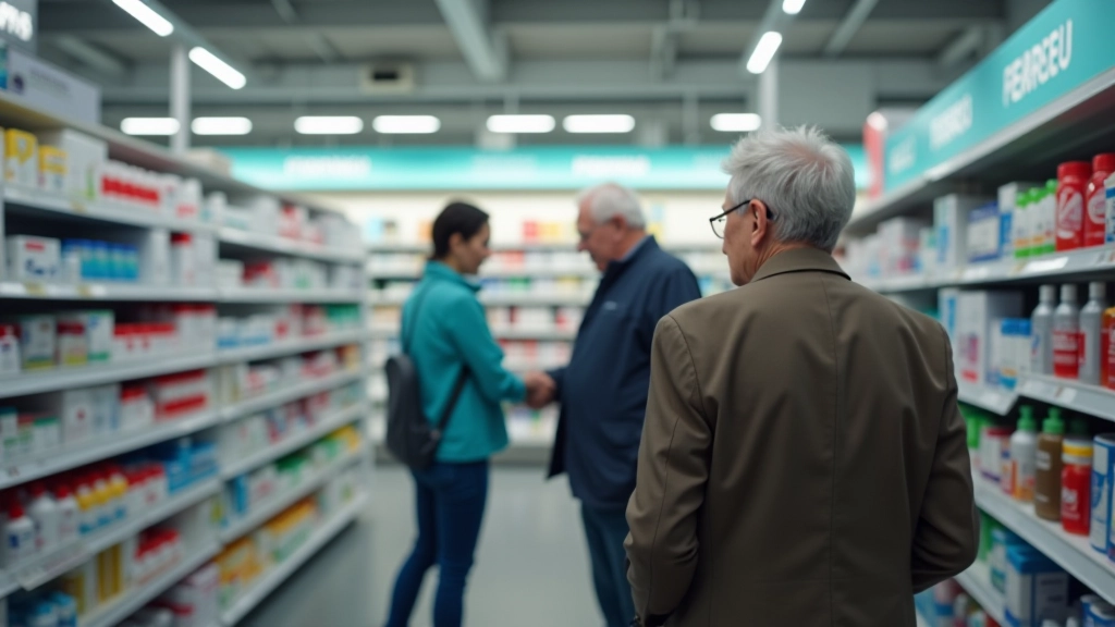 Intérieur d'une pharmacie avec étagères de produits de santé et clients âgés effectuant des achats