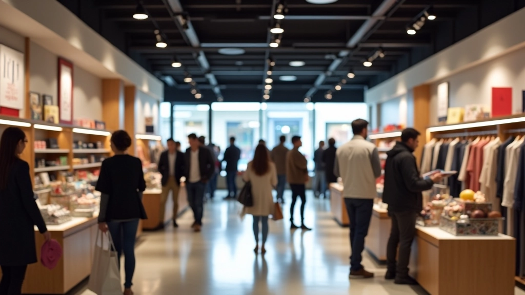 Vitrines de magasin avec produits de consommation et clients