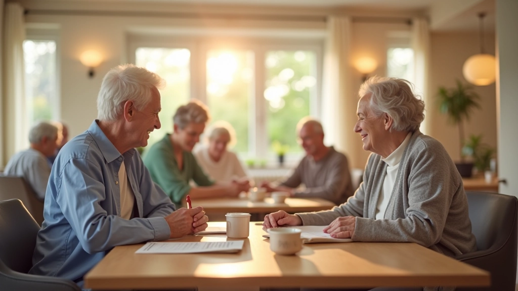 Maison de retraite moderne avec espaces communs lumineux et résidents participant à des activités