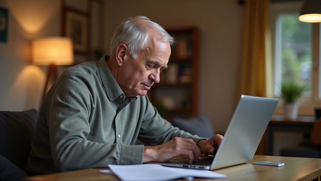 Personne âgée consulte ses finances sur un ordinateur portable dans un environnement de bureau moderne