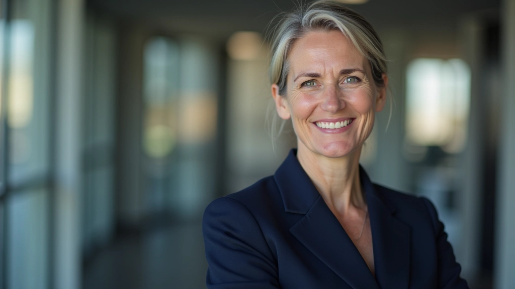 Photographie d'une professionnelle senior en entretien, portant un costume bleu, expression déterminée, environnement bureau moderne