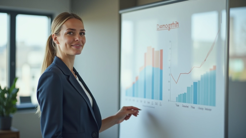 Professionnelle en réunion, analysant des données démographiques sur tableau blanc